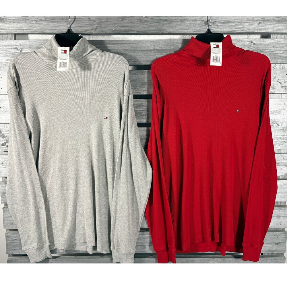 Lot of 2 Tommy Hilfiger Mens Ribbed Turtleneck Sweaters Red Gray Cotton NWT L